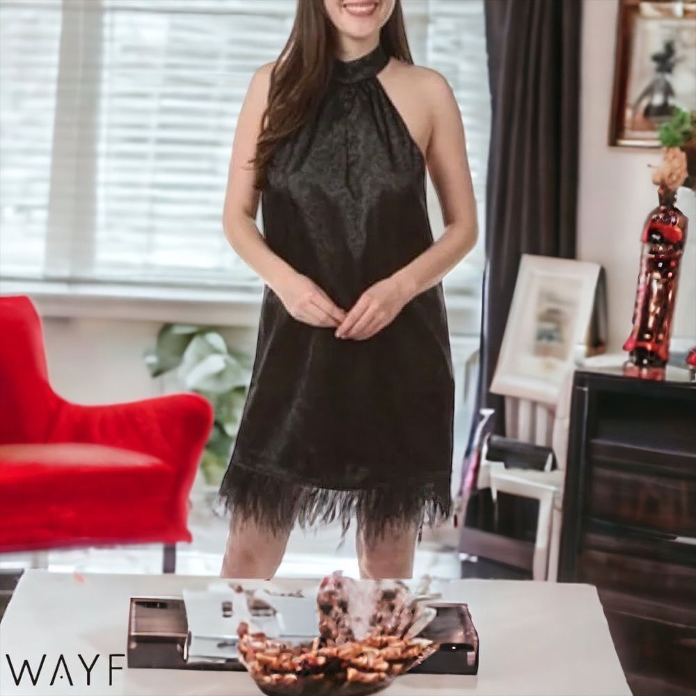 🟡 WAYFARER Black Jacquard Halter Dress with Pin Feather Along Hem